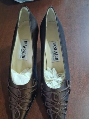 Pancaldi Brown Pointed Toe Flats with Decorative Looped Trim